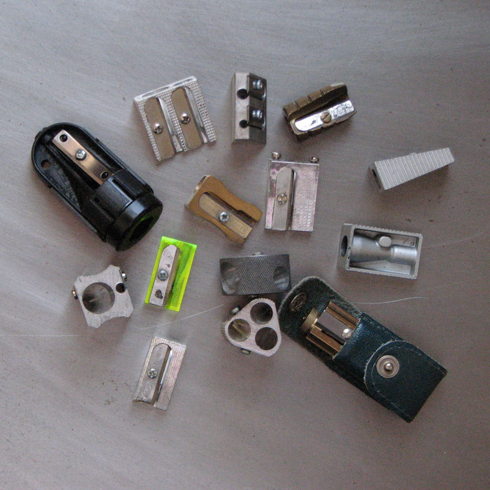 pencil sharpeners, brass, aluminum, steel, plastic & leather