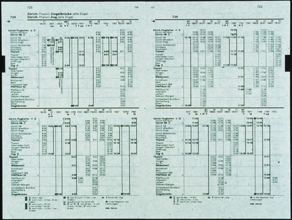 1994/1995 swiss train schedule book, sample pages, zürich/zug